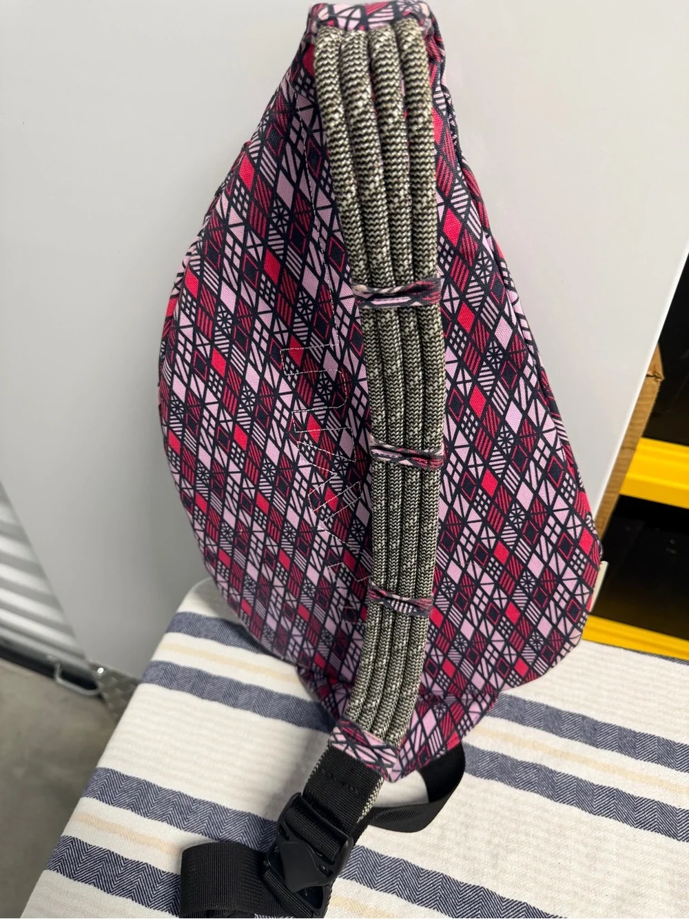 KAVU Rope Sling Backpack Pink Black Geometric Crossbody Travel Hiking Bag